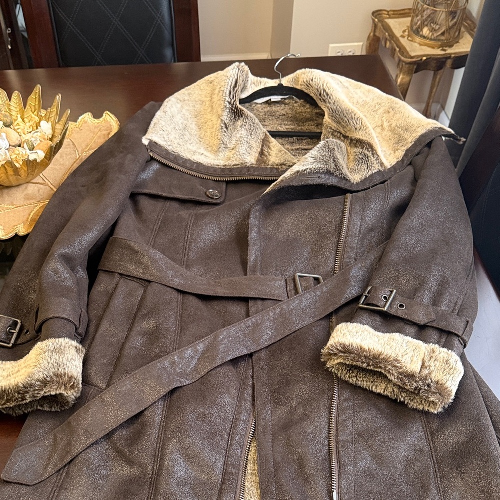 Andrew Marc Dark Brown Teddy Jacket with Cream Accents
